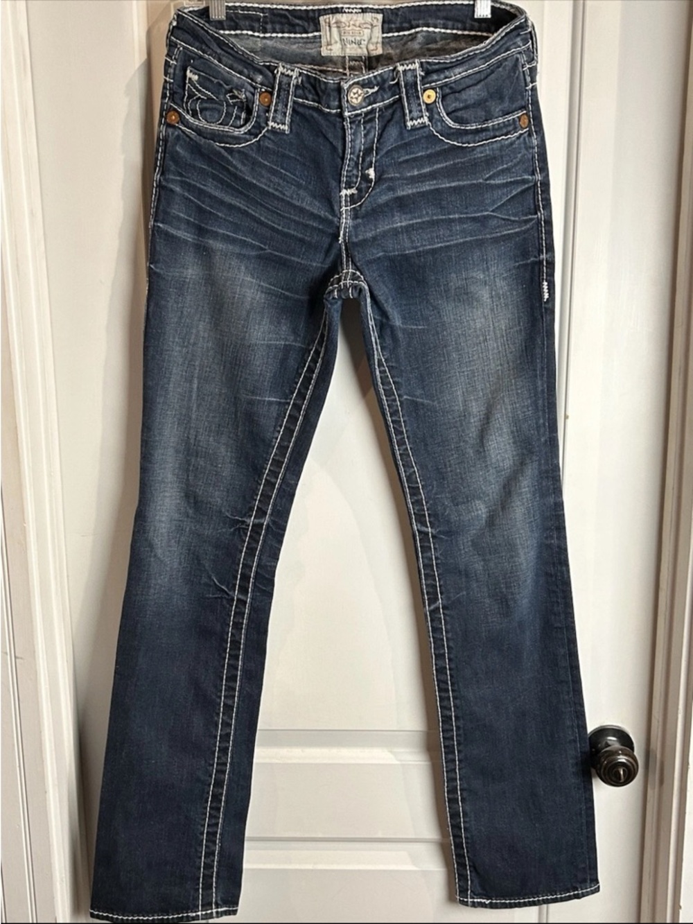 Big Star Nina Jeans Dark Wash Blue Denim White Stitching Slim Leg Jeans Wm 31L